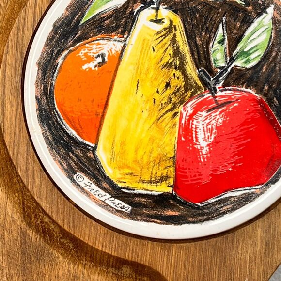 Vintage Wood Cheese Board Server Ceramic Tile Signed Fred Press Sere Fruit MCM - Picture 3 of 7
